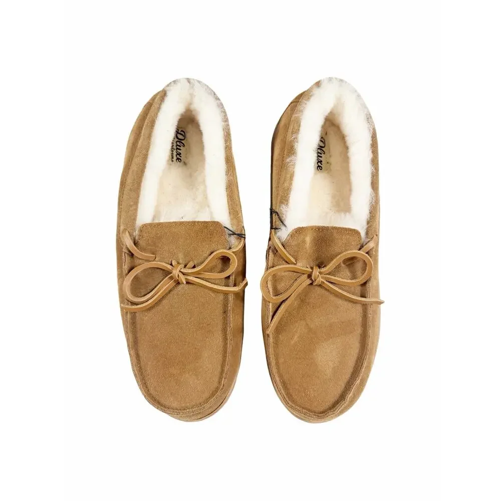 NEW Dearfoams Deluxe Genuine Suede Shearling Slippers Chestnut Size 12